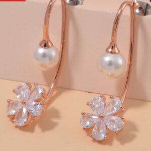 White Shell Pearl, Simulated Diamond Earrings in Rosetone